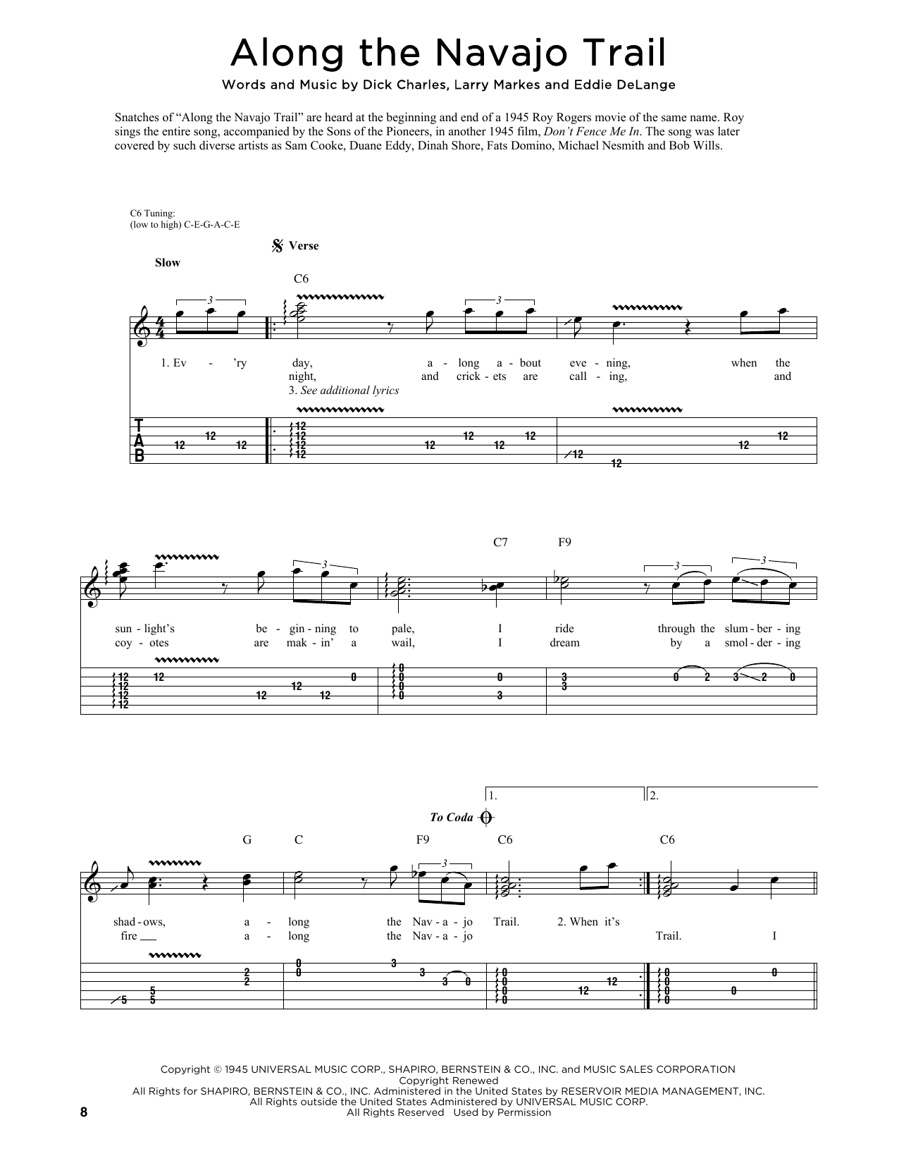 Download Roy Rogers Along The Navajo Trail (arr. Fred Sokolow) Sheet Music and learn how to play Guitar Tab PDF digital score in minutes