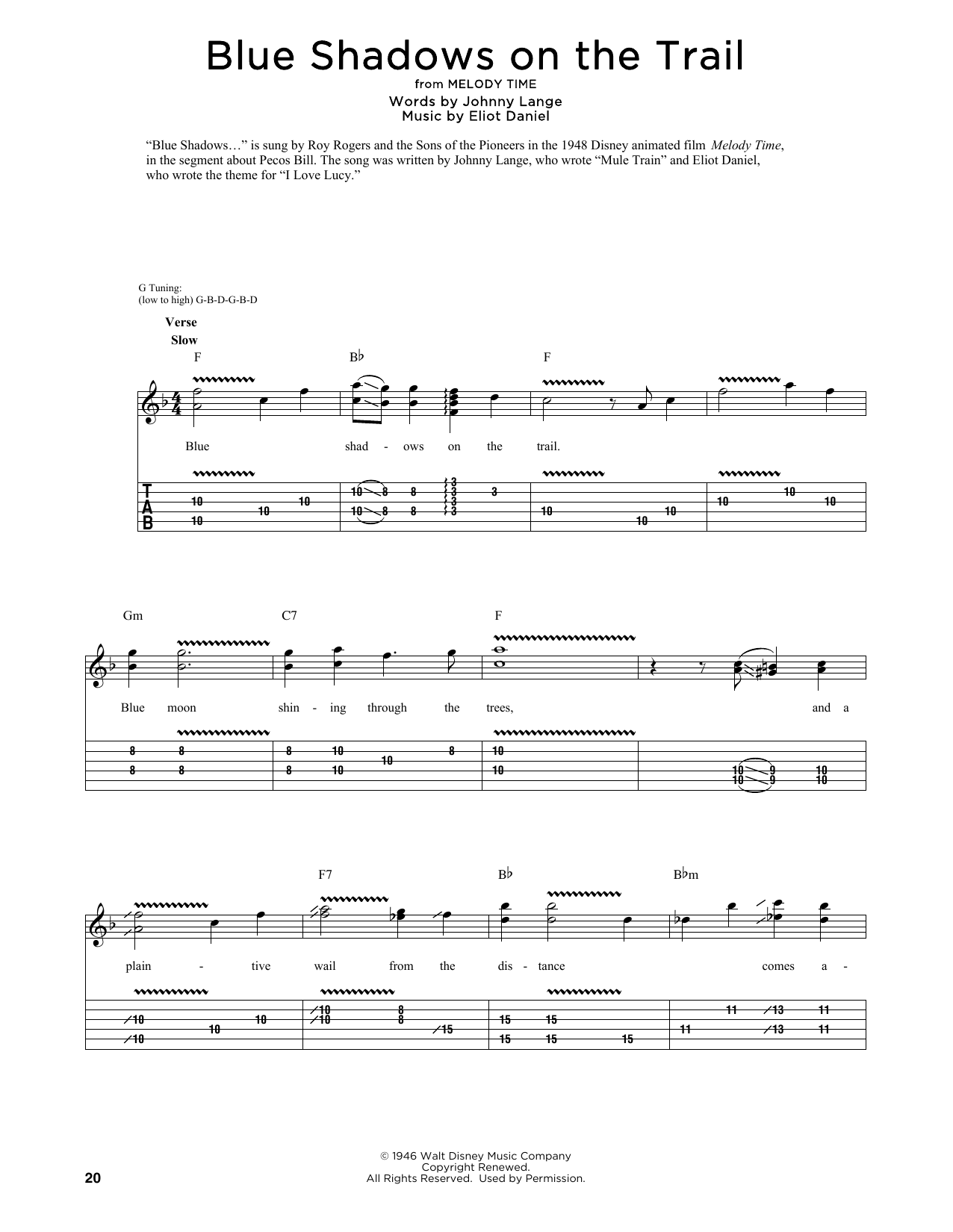 Download Roy Rogers Blue Shadows On The Trail (arr. Fred Sokolow) Sheet Music and learn how to play Guitar Tab PDF digital score in minutes