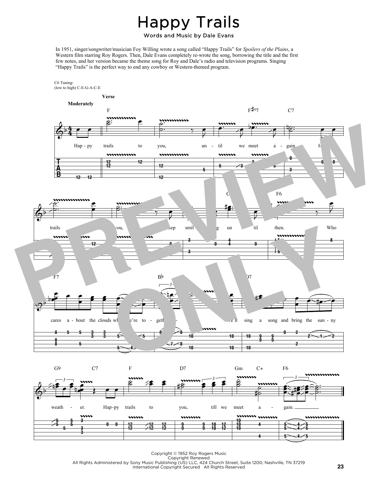 Download Roy Rogers Happy Trails (arr. Fred Sokolow) Sheet Music and learn how to play Guitar Tab PDF digital score in minutes