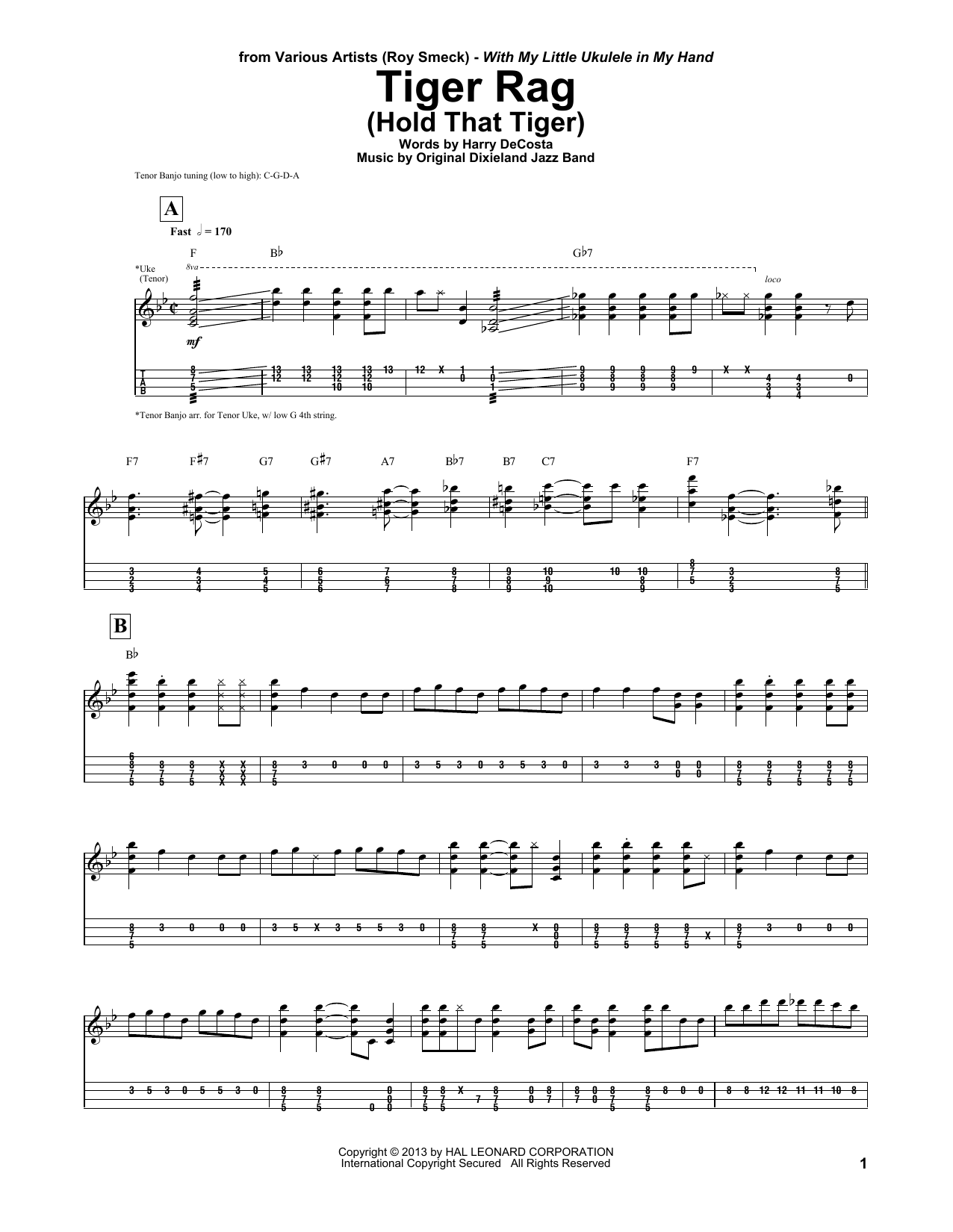 Download Roy Smeck Tiger Rag (Hold That Tiger) Sheet Music and learn how to play UKETAB PDF digital score in minutes