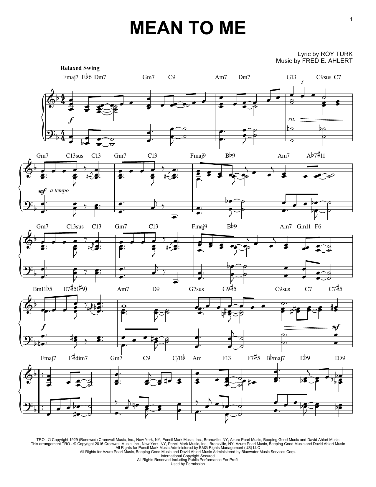 Download Roy Turk Mean To Me Sheet Music and learn how to play Piano PDF digital score in minutes