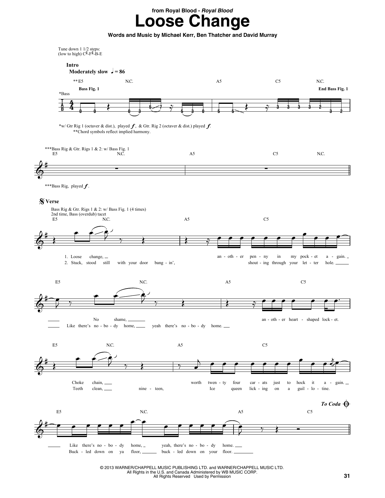 Download Royal Blood Loose Change Sheet Music and learn how to play Bass Guitar Tab PDF digital score in minutes