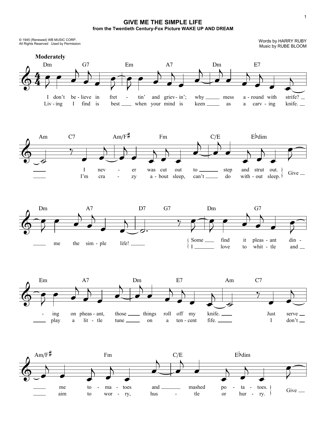 Download Rube Bloom Give Me The Simple Life Sheet Music and learn how to play Melody Line, Lyrics & Chords PDF digital score in minutes
