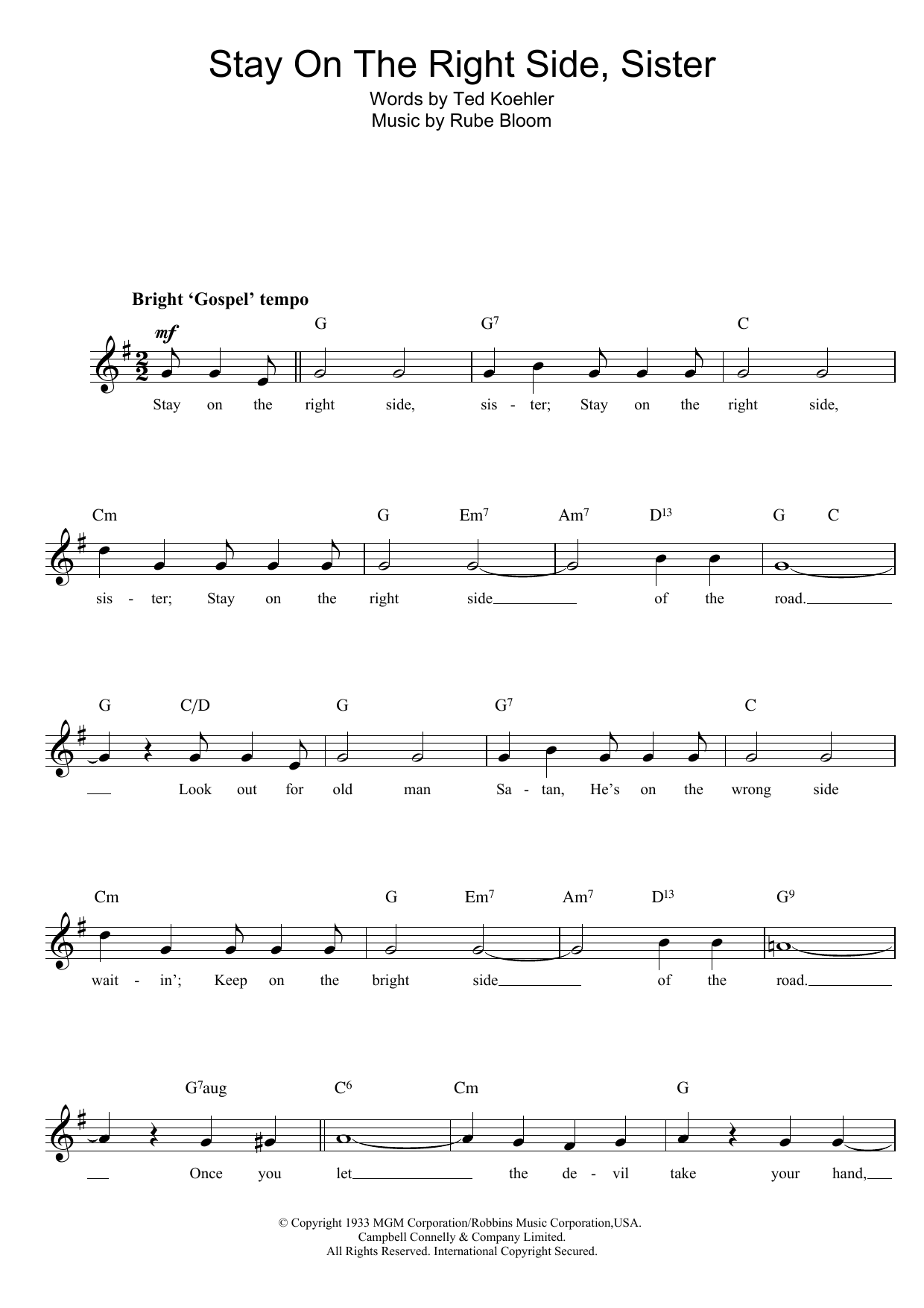 Download Rube Bloom Stay On The Right Side Sister Sheet Music and learn how to play Melody Line, Lyrics & Chords PDF digital score in minutes