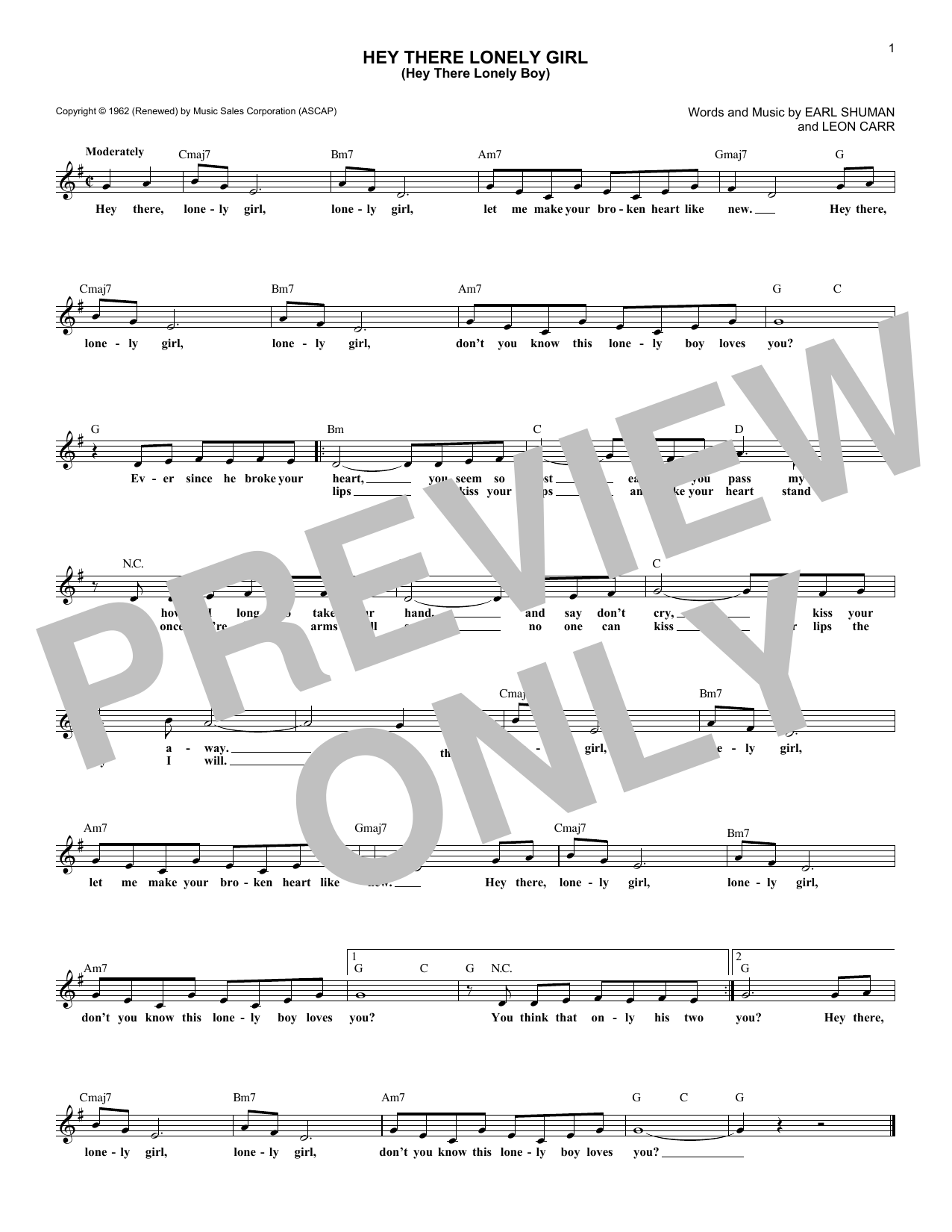 Download Ruby & The Romantics Hey There Lonely Girl (Hey There Lonely Boy) Sheet Music and learn how to play Melody Line, Lyrics & Chords PDF digital score in minutes