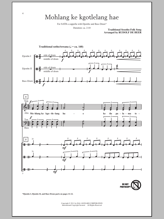 Download Traditional Folksong Mohlang Ke Kgotlelang Hae (When I Return Home) (arr. Rudolf de Beer) Sheet Music and learn how to play SATB PDF digital score in minutes