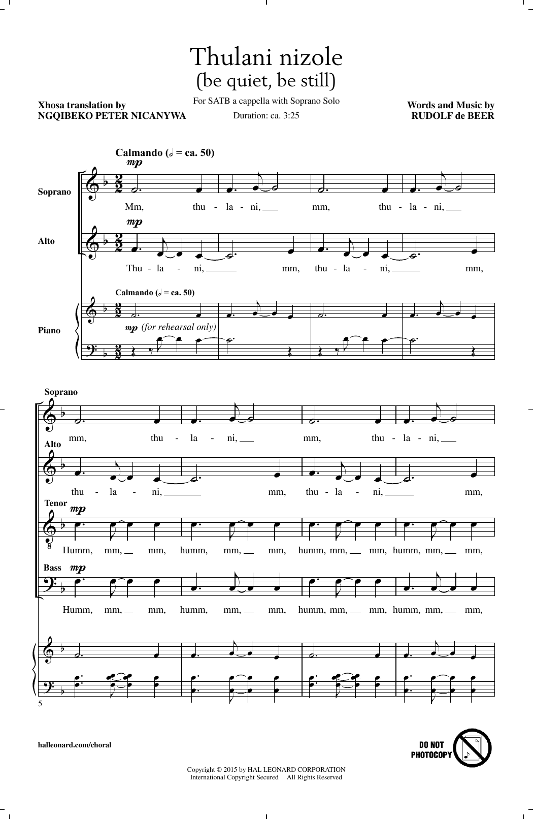 Download Rudolf de Beer Thulani Nizole Sheet Music and learn how to play SATB PDF digital score in minutes