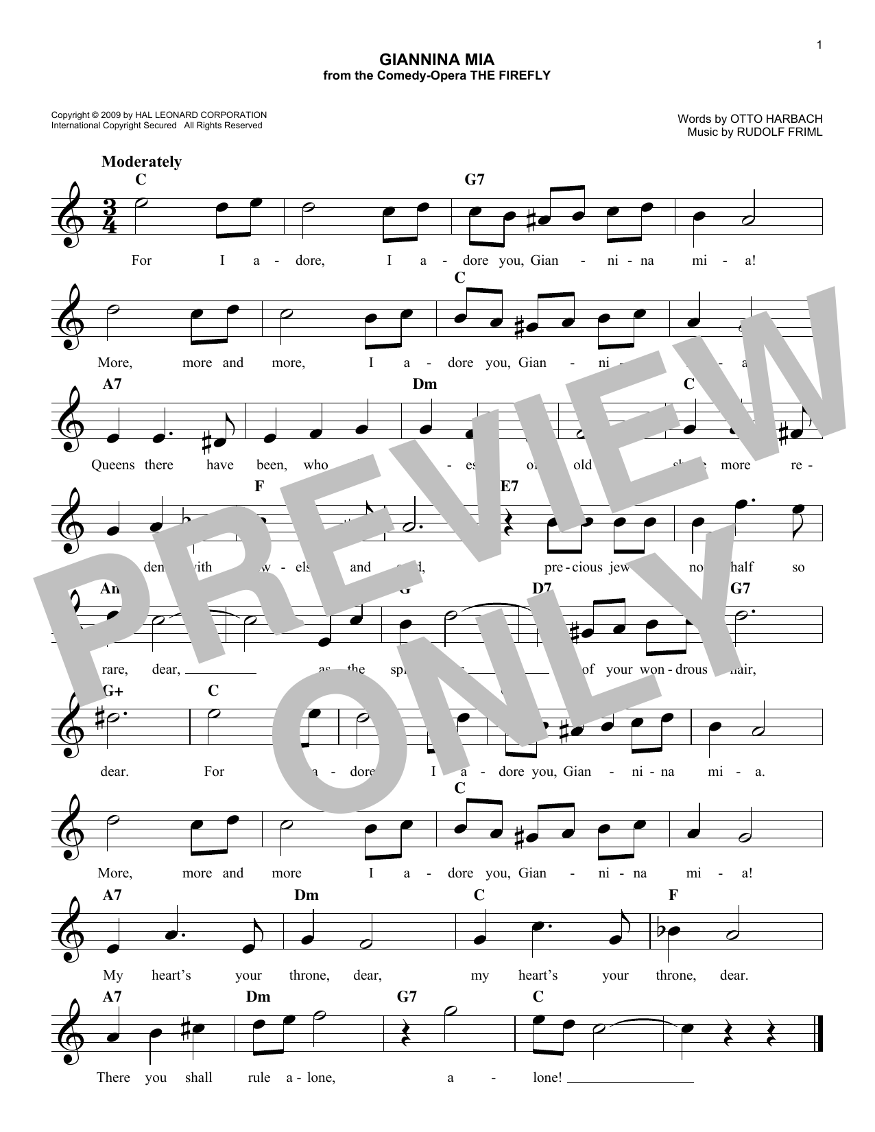 Download Rudolf Friml Giannina Mia Sheet Music and learn how to play Melody Line, Lyrics & Chords PDF digital score in minutes