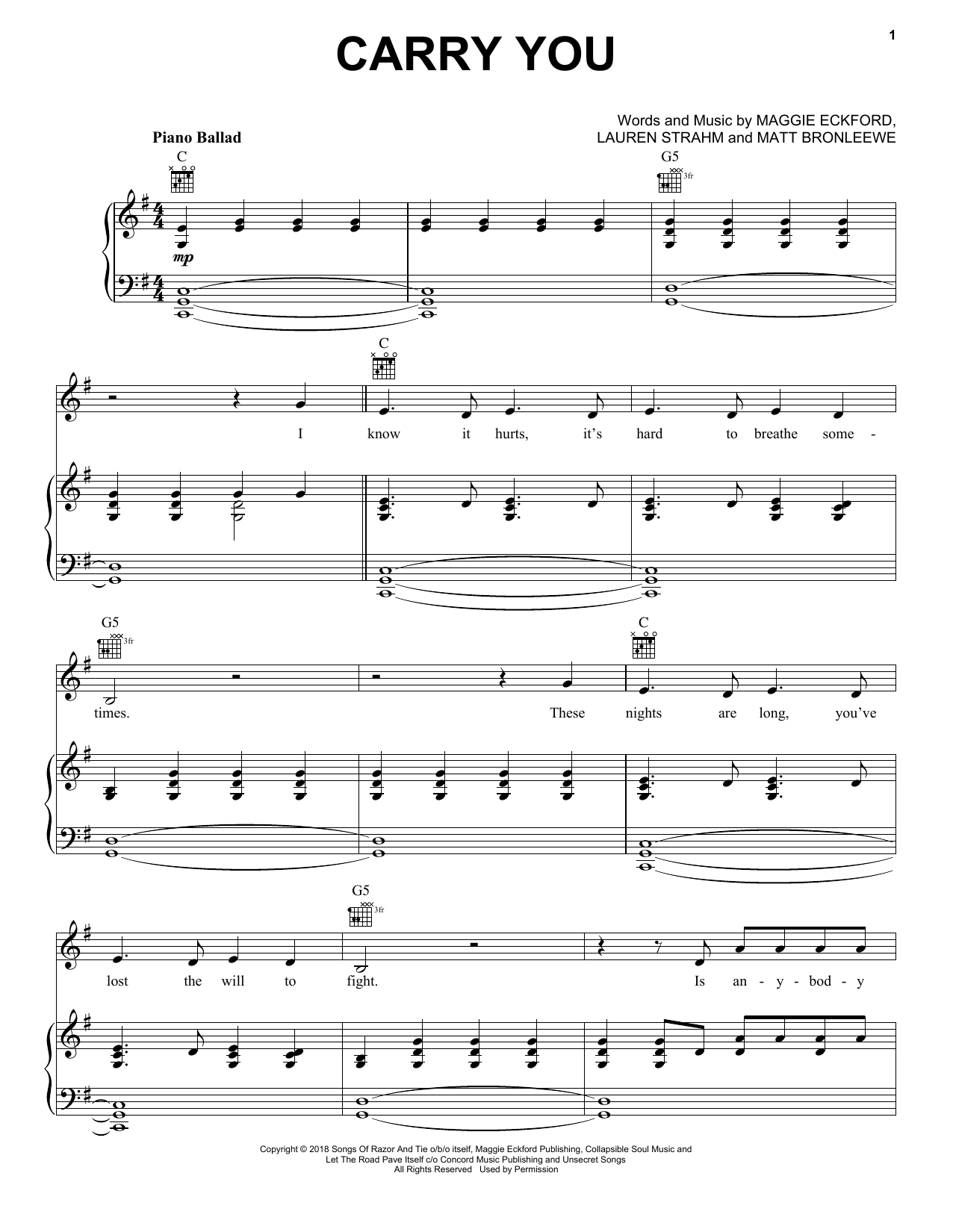 Download Ruelle Carry You (feat. Fleurie) Sheet Music and learn how to play Piano, Vocal & Guitar Chords (Right-Hand Melody) PDF digital score in minutes