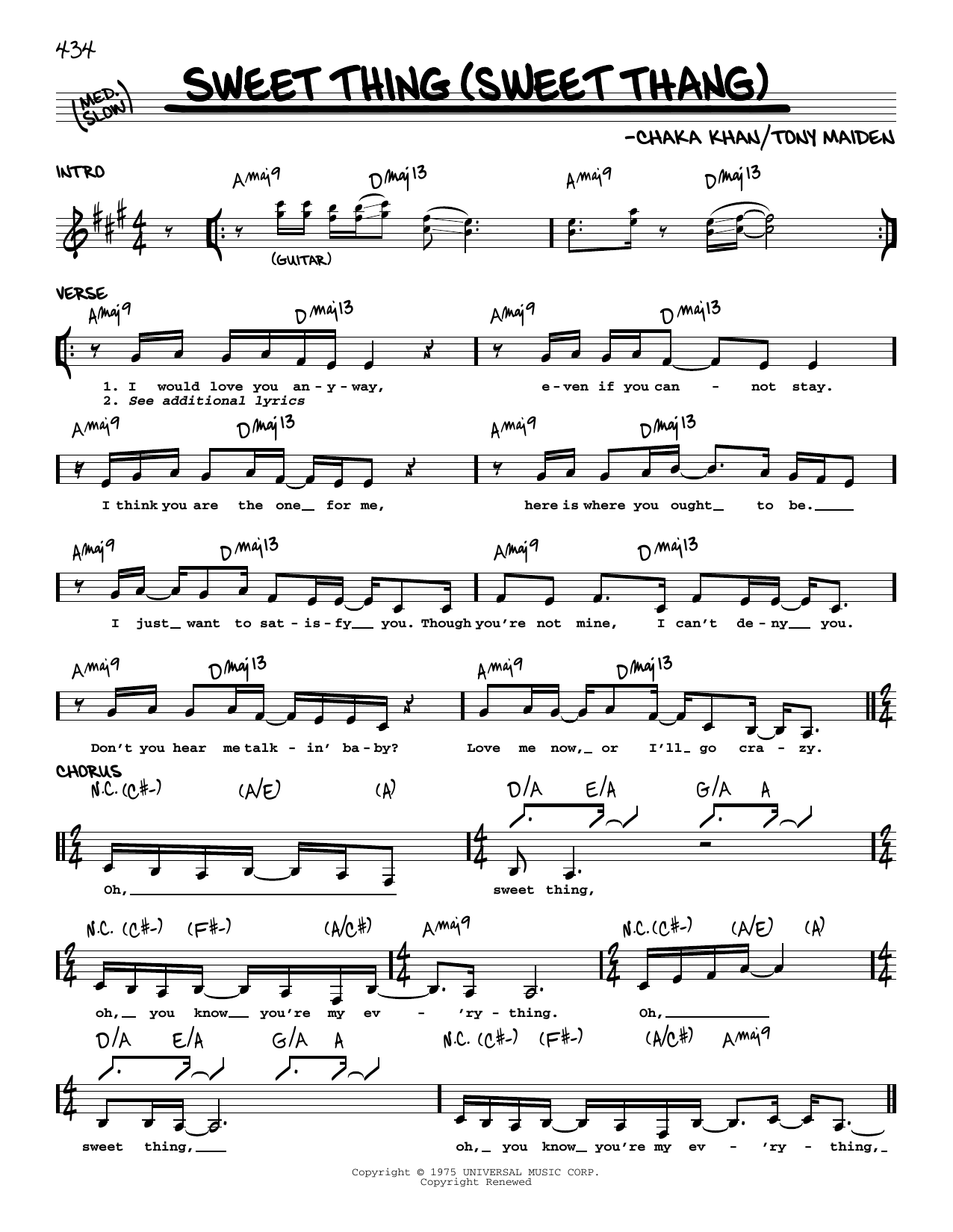 Download Rufus feat. Chaka Khan Sweet Thing (Sweet Thang) Sheet Music and learn how to play Real Book – Melody & Chords PDF digital score in minutes