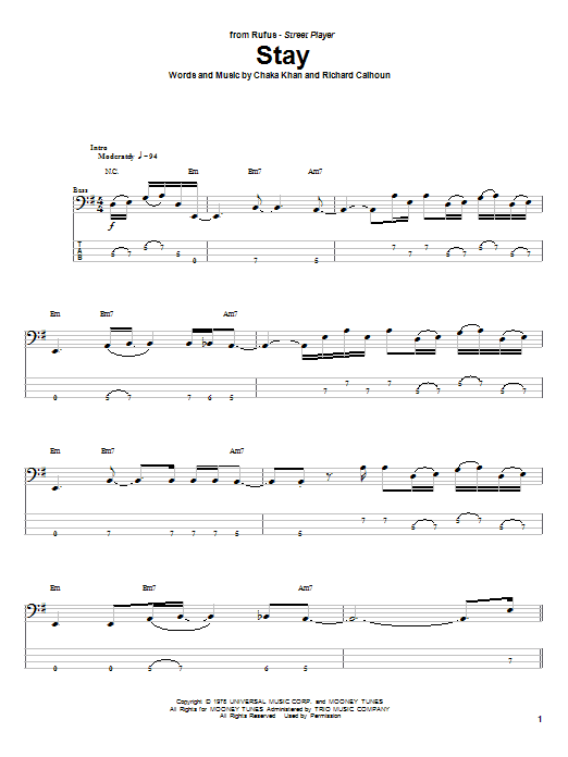 Download Rufus Stay Sheet Music and learn how to play Bass Guitar Tab PDF digital score in minutes