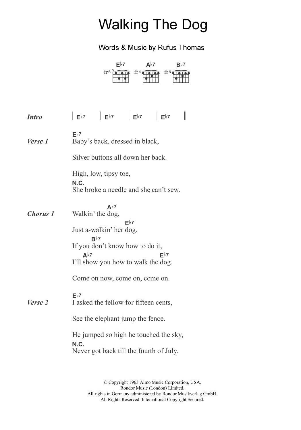 Download Rufus Thomas Walking The Dog Sheet Music and learn how to play Guitar Chords/Lyrics PDF digital score in minutes