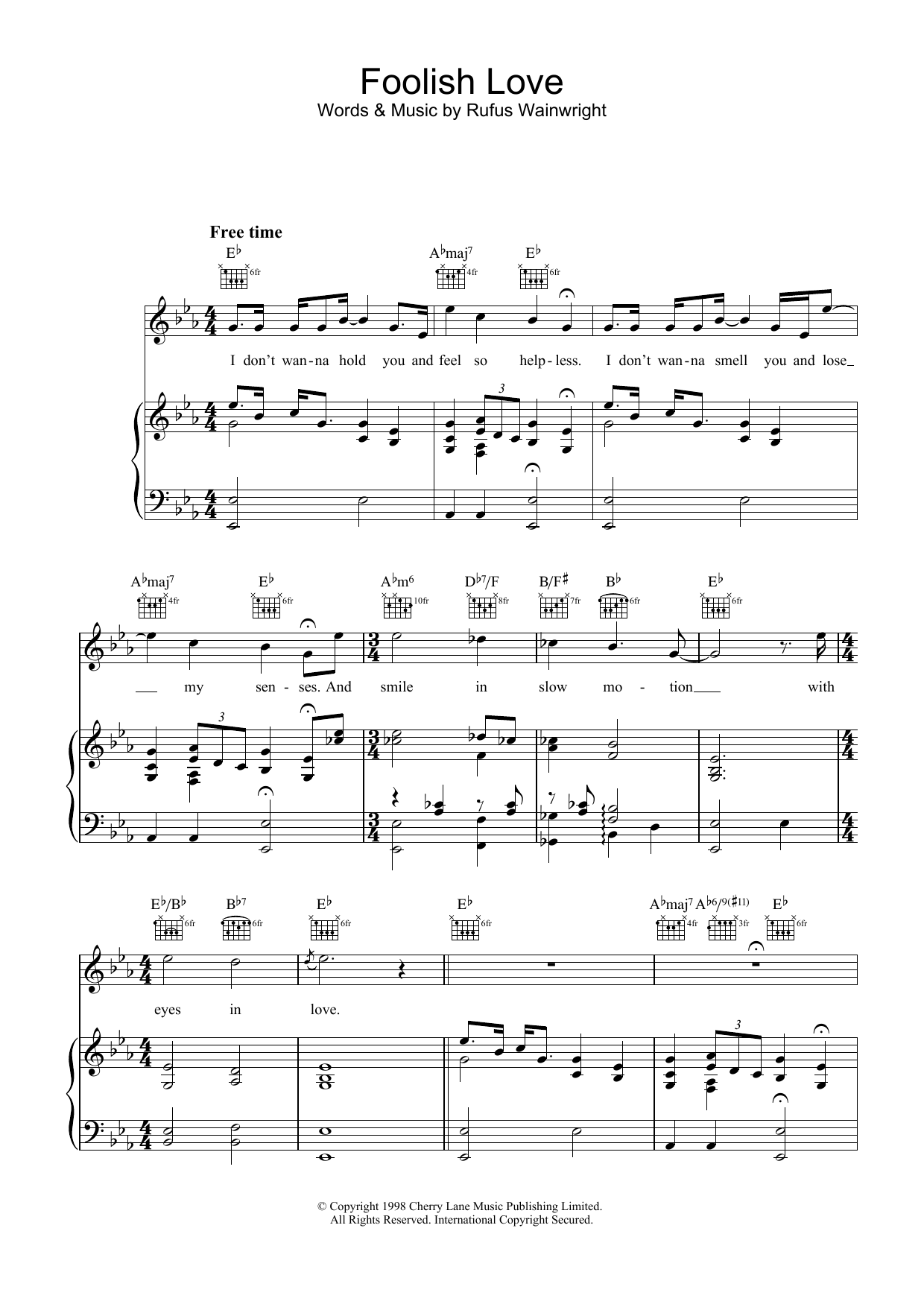Download Rufus Wainwright Foolish Love Sheet Music and learn how to play Piano, Vocal & Guitar PDF digital score in minutes