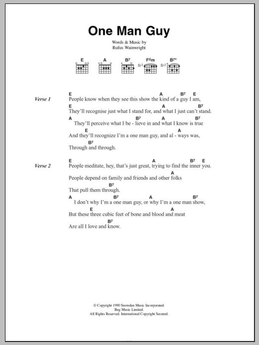 Download Rufus Wainwright One Man Guy Sheet Music and learn how to play Lyrics & Chords PDF digital score in minutes