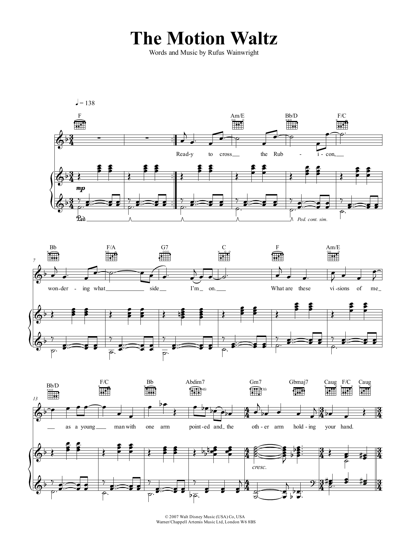 Download Rufus Wainwright The Motion Waltz Sheet Music and learn how to play Piano, Vocal & Guitar (Right-Hand Melody) PDF digital score in minutes