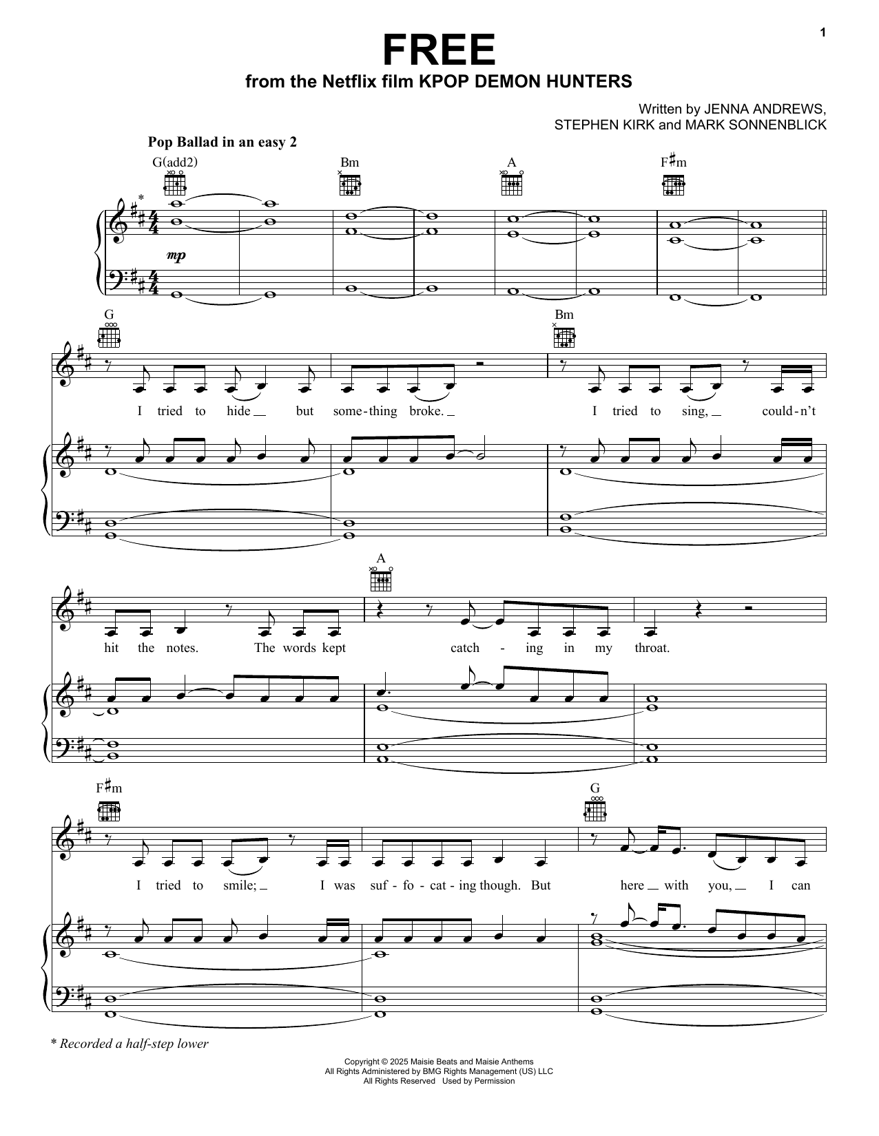 Download Rumi, Jinu, EJAE, and Andrew Choi Free (from KPop Demon Hunters) Sheet Music and learn how to play Piano, Vocal & Guitar Chords (Right-Hand Melody) PDF digital score in minutes
