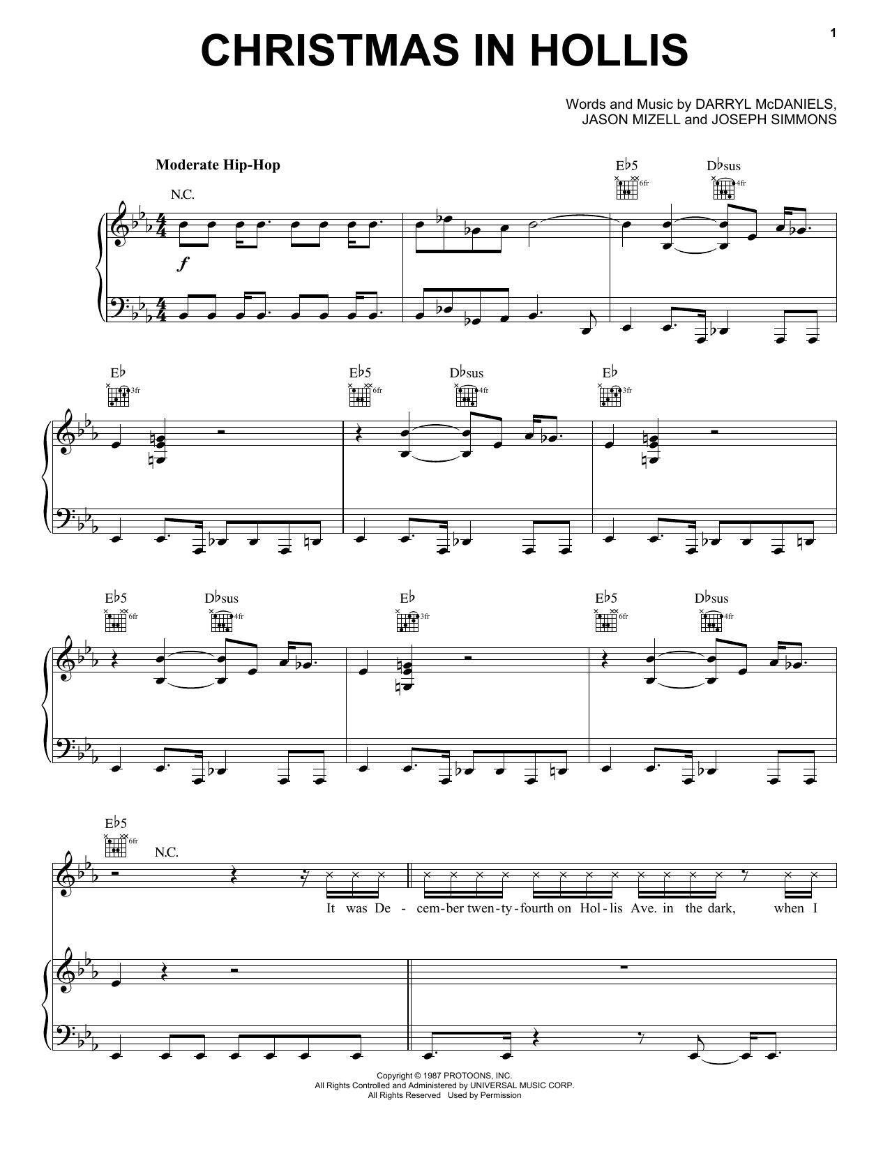 Download Run DMC Christmas In Hollis Sheet Music and learn how to play Piano, Vocal & Guitar (Right-Hand Melody) PDF digital score in minutes