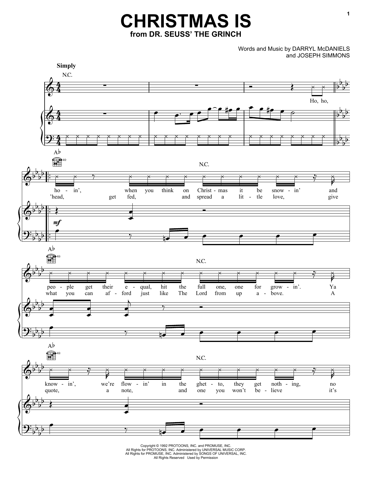 Download Run DMC Christmas Is (from The Grinch) Sheet Music and learn how to play Piano, Vocal & Guitar Chords (Right-Hand Melody) PDF digital score in minutes