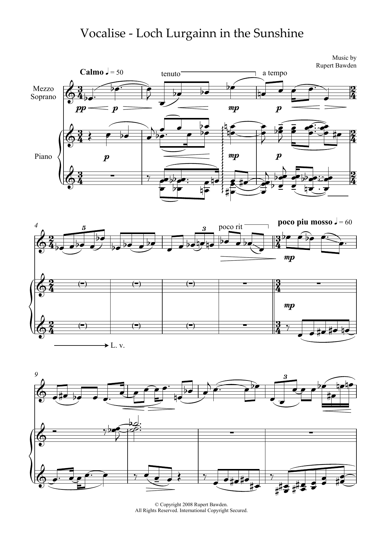 Download Rupert Bawden Vocalise - Loch Lurgainn in the Sunshine (for mezzo-soprano & piano) Sheet Music and learn how to play Piano & Vocal PDF digital score in minutes