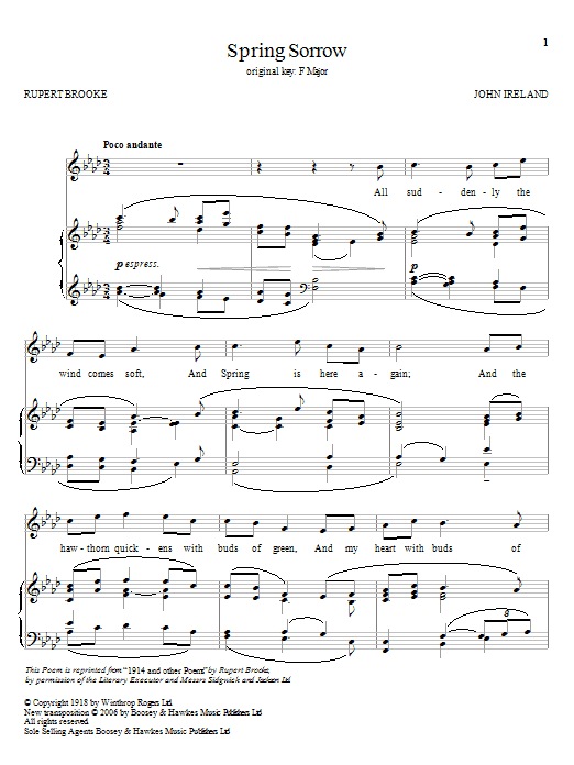 Download Rupert Brooke Spring Sorrow Sheet Music and learn how to play Piano, Vocal & Guitar (Right-Hand Melody) PDF digital score in minutes