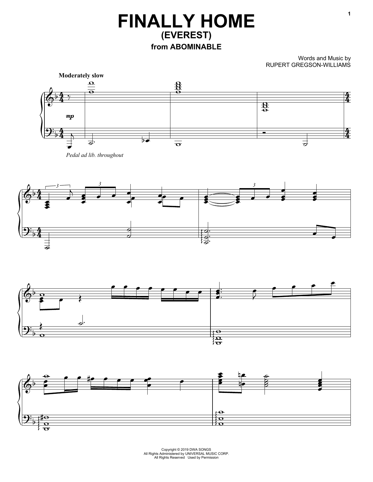 Download Rupert Gregson-Williams Finally Home (Everest) (from the Motion Picture Abominable) Sheet Music and learn how to play Piano Solo PDF digital score in minutes
