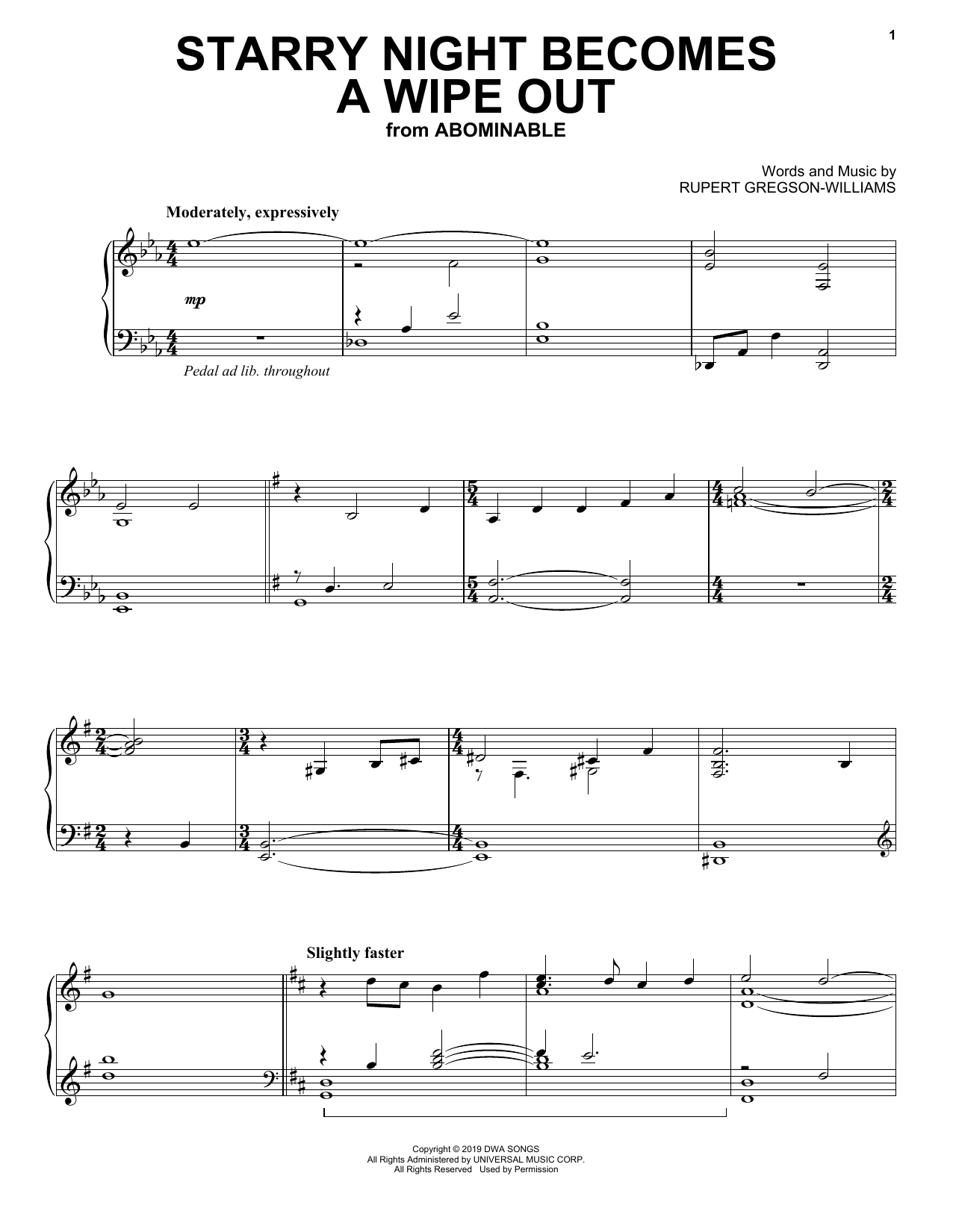 Download Rupert Gregson-Williams Starry Night Becomes A Wipe Out (from the Motion Picture Abominable) Sheet Music and learn how to play Piano Solo PDF digital score in minutes