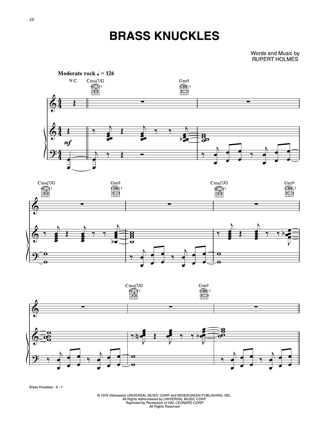 Download Rupert Holmes Brass Knuckles Sheet Music and learn how to play Piano, Vocal & Guitar Chords (Right-Hand Melody) PDF digital score in minutes