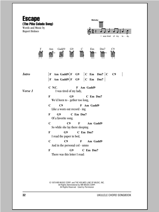 Download Rupert Holmes Escape (The Pina Colada Song) Sheet Music and learn how to play Piano, Vocal & Guitar (Right-Hand Melody) PDF digital score in minutes