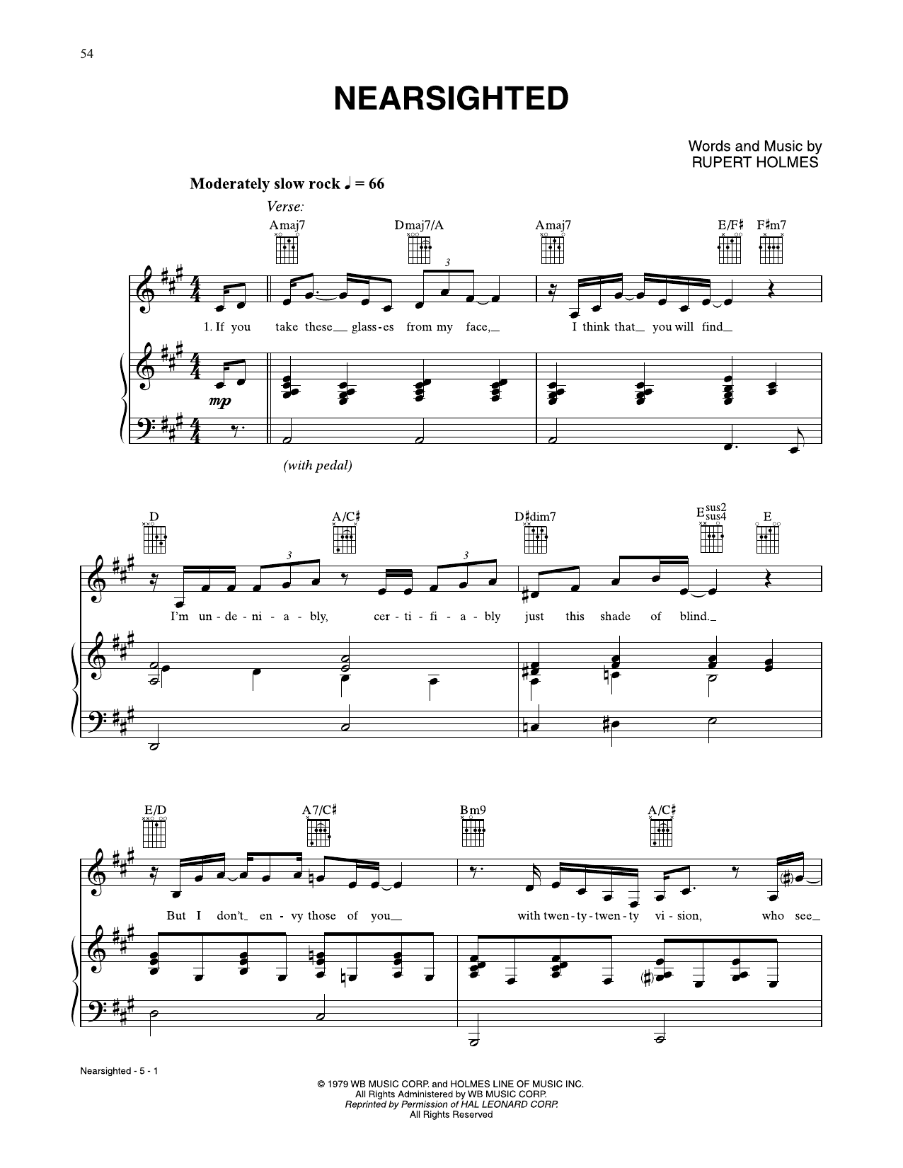 Download Rupert Holmes Nearsighted Sheet Music and learn how to play Piano, Vocal & Guitar Chords (Right-Hand Melody) PDF digital score in minutes