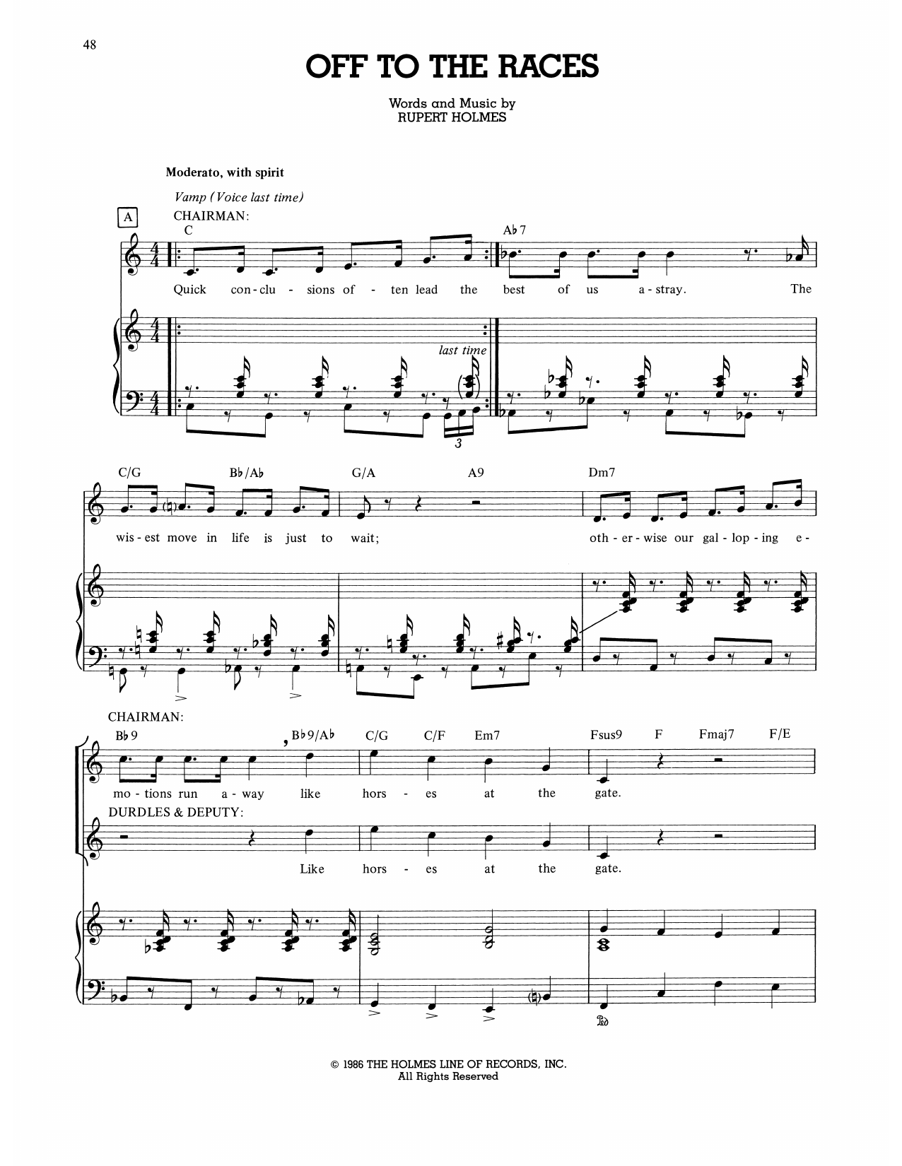 Download Rupert Holmes Off To The Races (from The Mystery Of Edwin Drood) Sheet Music and learn how to play Piano, Vocal & Guitar Chords (Right-Hand Melody) PDF digital score in minutes