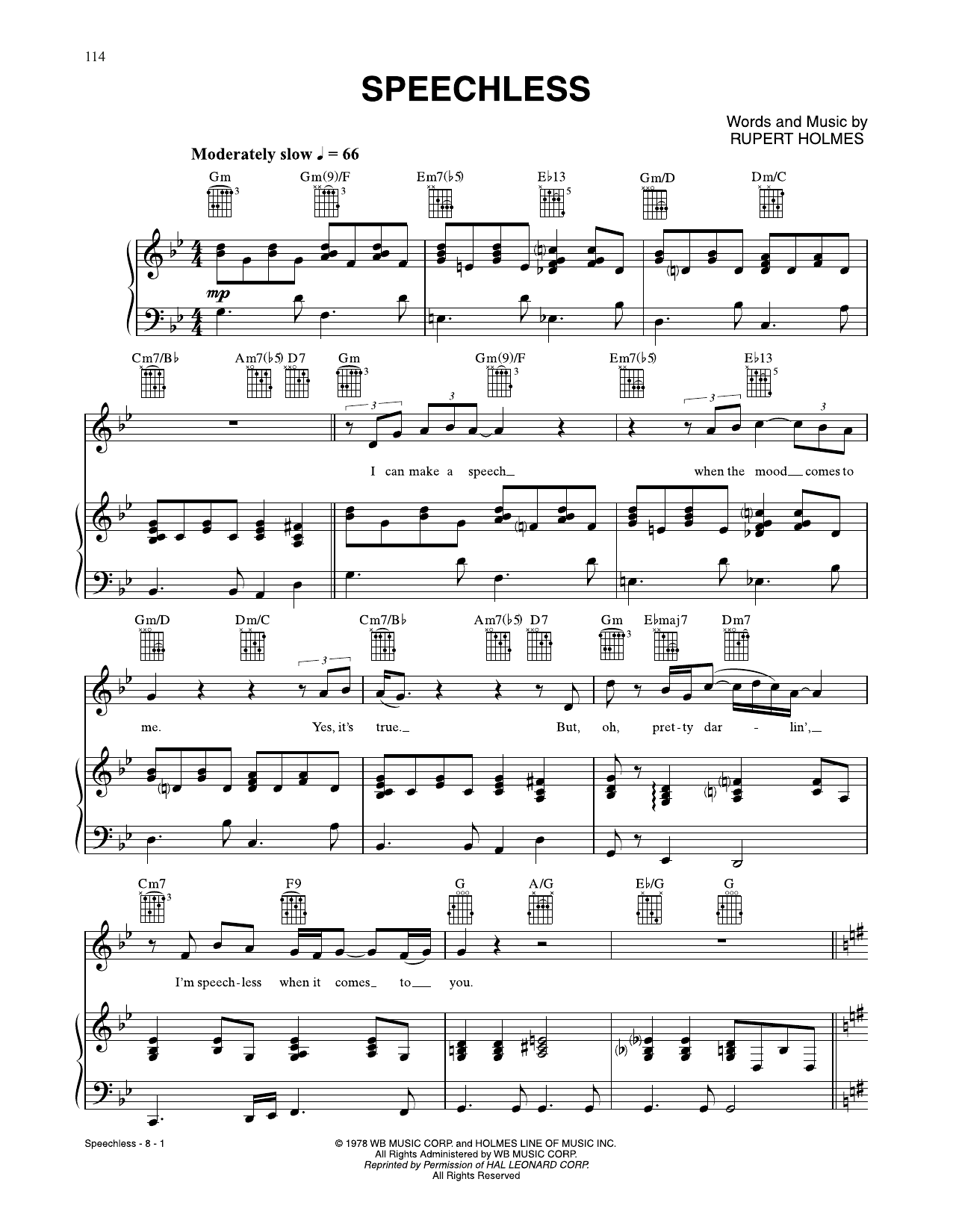 Download Rupert Holmes Speechless Sheet Music and learn how to play Piano, Vocal & Guitar Chords (Right-Hand Melody) PDF digital score in minutes