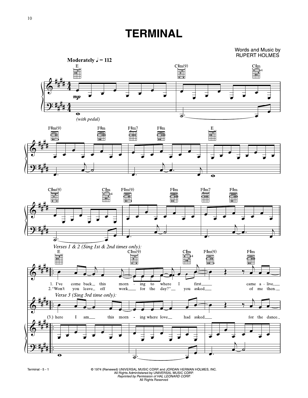 Download Rupert Holmes Terminal Sheet Music and learn how to play Piano, Vocal & Guitar Chords (Right-Hand Melody) PDF digital score in minutes