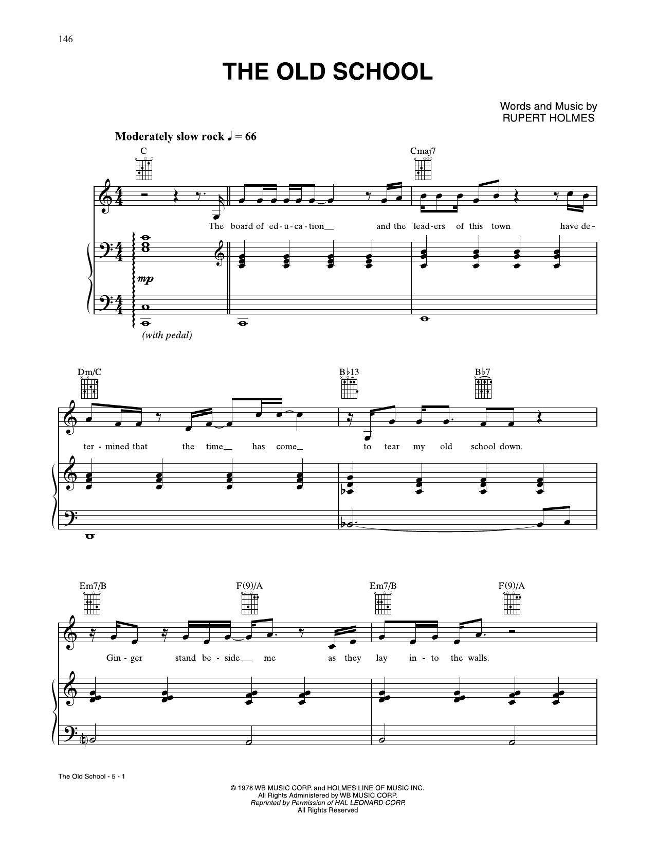 Download Rupert Holmes The Old School Sheet Music and learn how to play Piano, Vocal & Guitar Chords (Right-Hand Melody) PDF digital score in minutes