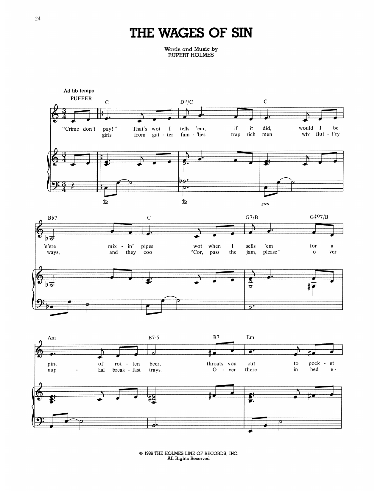 Download Rupert Holmes The Wages Of Sin (from The Mystery Of Edwin Drood) Sheet Music and learn how to play Piano, Vocal & Guitar Chords (Right-Hand Melody) PDF digital score in minutes