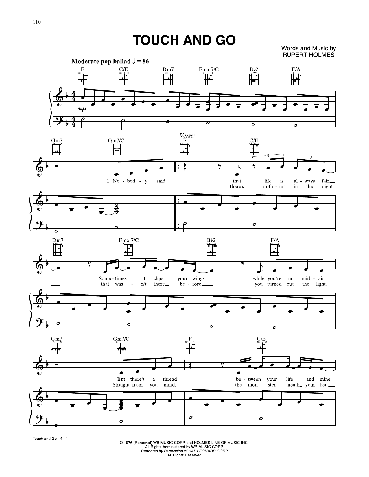 Download Rupert Holmes Touch And Go Sheet Music and learn how to play Piano, Vocal & Guitar Chords (Right-Hand Melody) PDF digital score in minutes