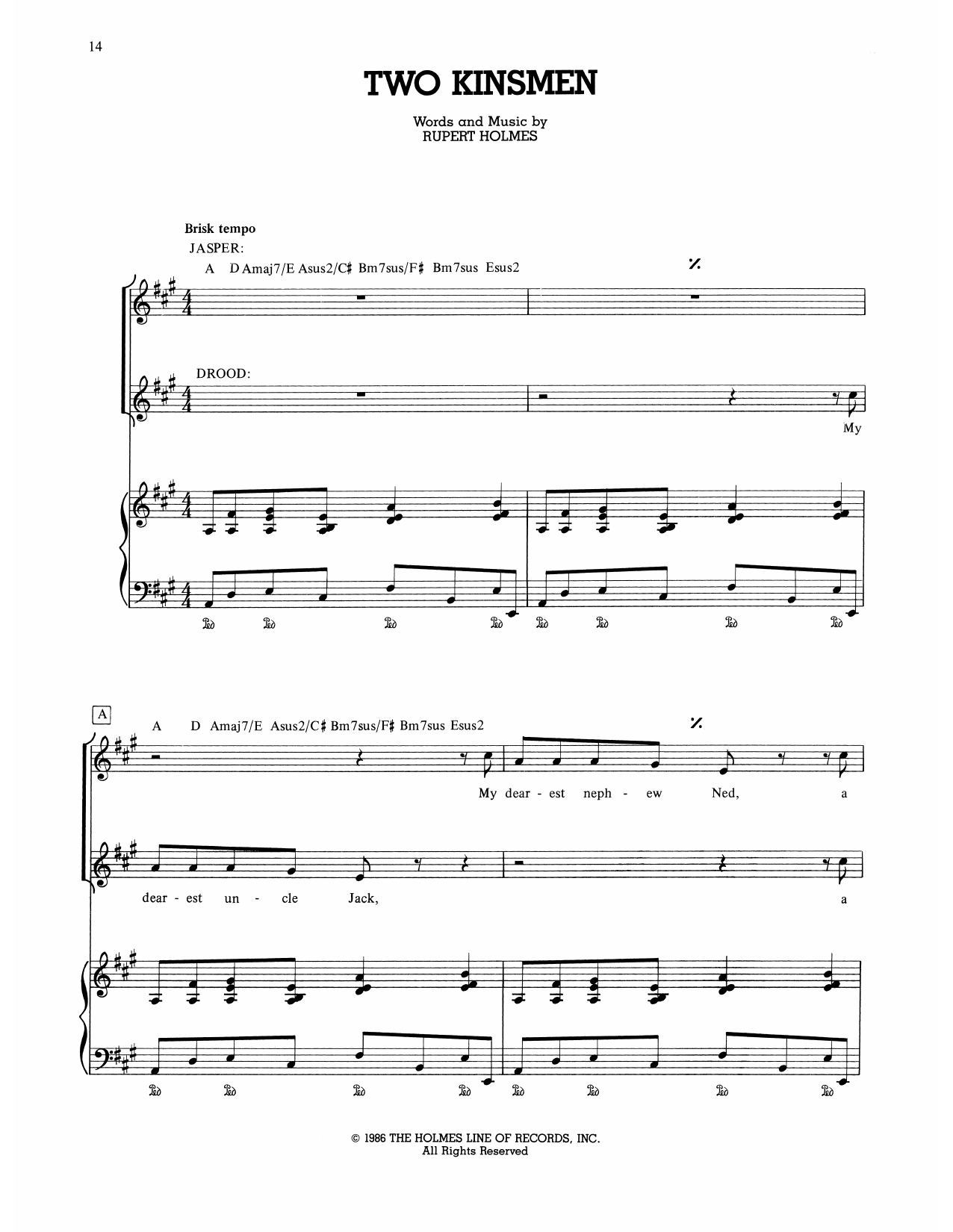 Download Rupert Holmes Two Kinsmen (from The Mystery Of Edwin Drood) Sheet Music and learn how to play Piano, Vocal & Guitar Chords (Right-Hand Melody) PDF digital score in minutes