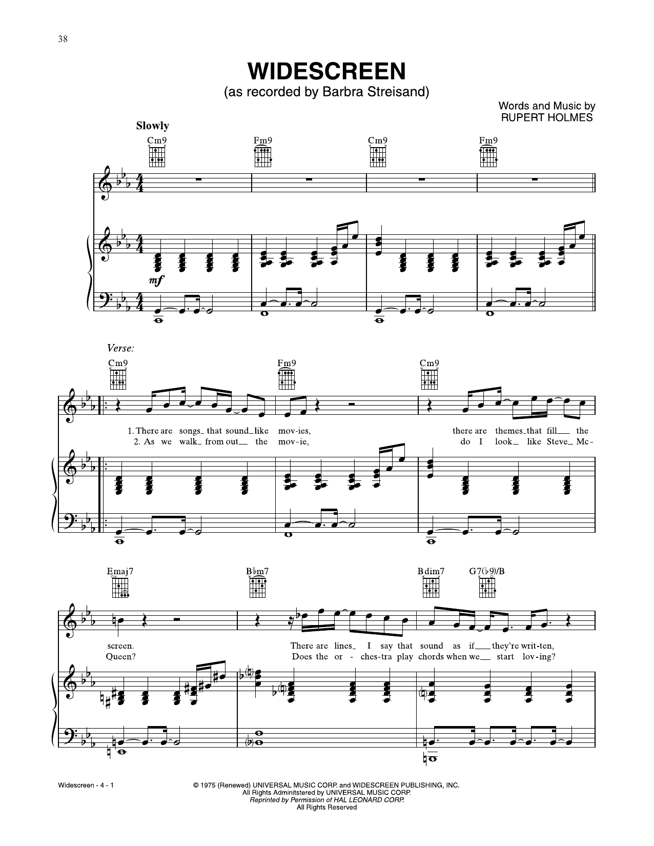 Download Rupert Holmes Widescreen Sheet Music and learn how to play Piano, Vocal & Guitar Chords (Right-Hand Melody) PDF digital score in minutes