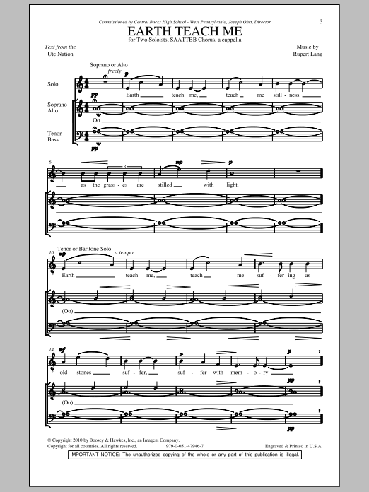Download Rupert Lang Earth Teach Me Sheet Music and learn how to play SATB PDF digital score in minutes