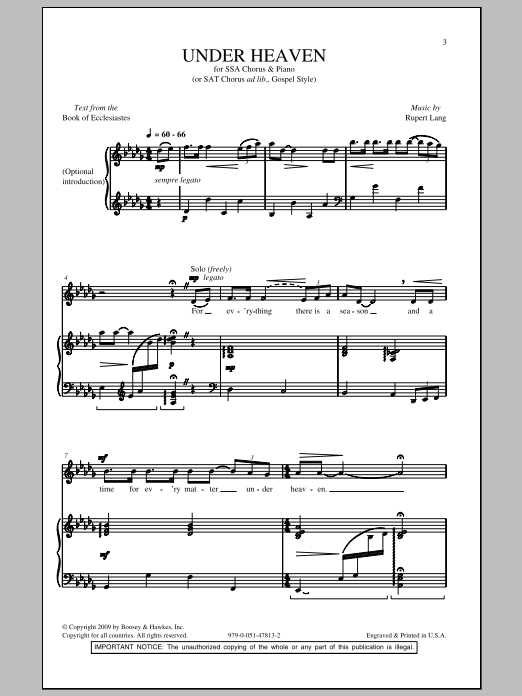 Download Rupert Lang Under Heaven Sheet Music and learn how to play SSA PDF digital score in minutes