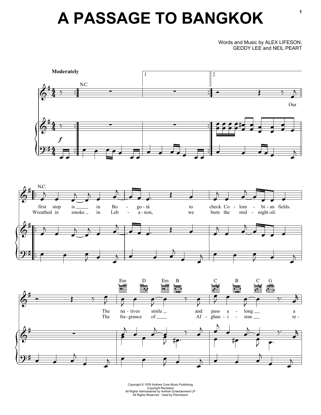 Download Rush A Passage To Bangkok Sheet Music and learn how to play Piano, Vocal & Guitar Chords (Right-Hand Melody) PDF digital score in minutes