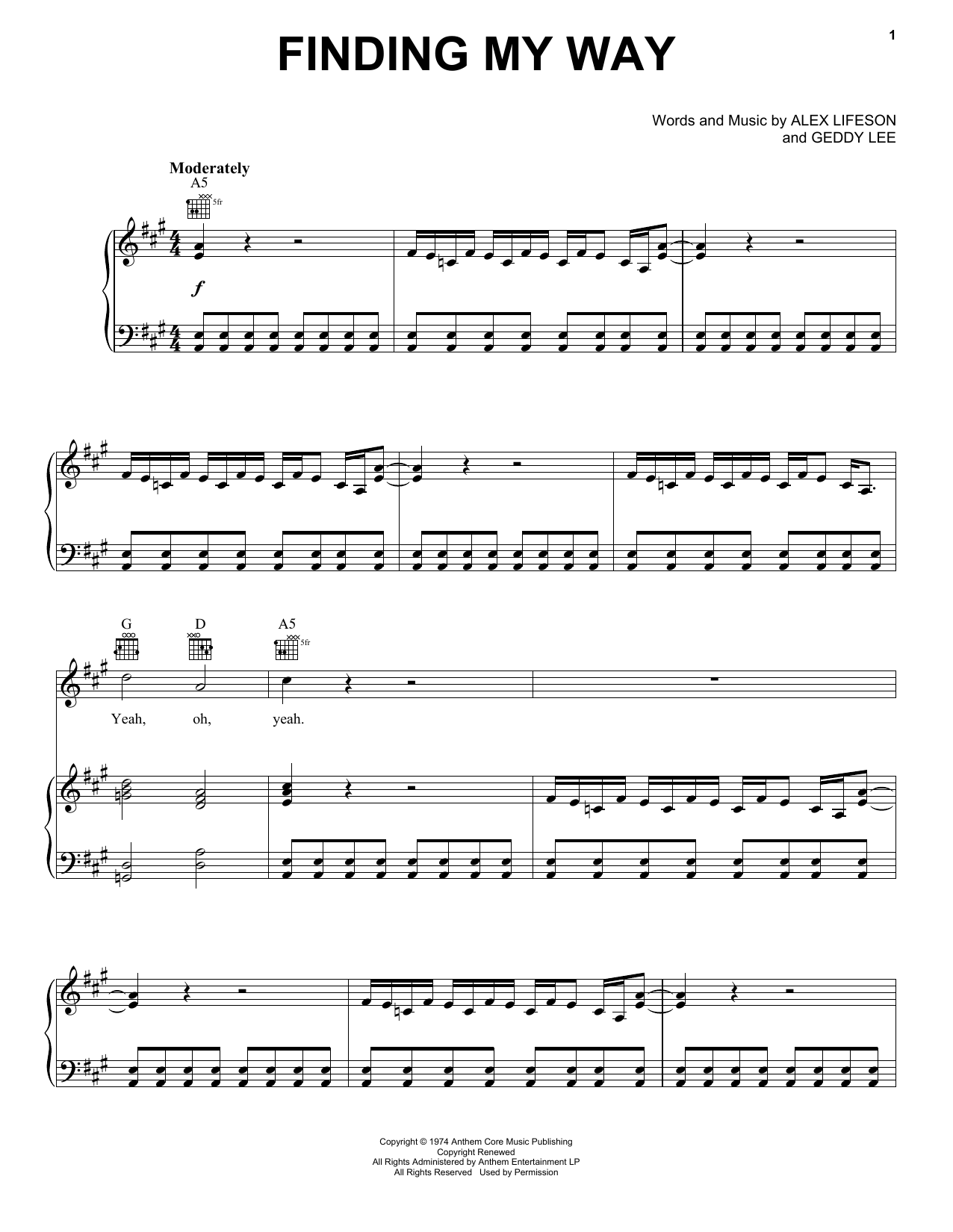 Download Rush Finding My Way Sheet Music and learn how to play Piano, Vocal & Guitar Chords (Right-Hand Melody) PDF digital score in minutes
