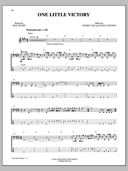 Download Rush One Little Victory Sheet Music and learn how to play Bass Guitar Tab PDF digital score in minutes