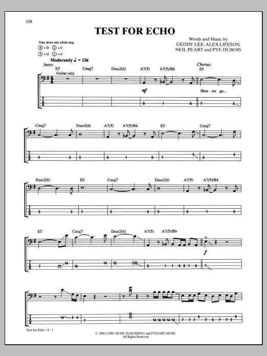 Download Rush Test For Echo Sheet Music and learn how to play Bass Guitar Tab PDF digital score in minutes