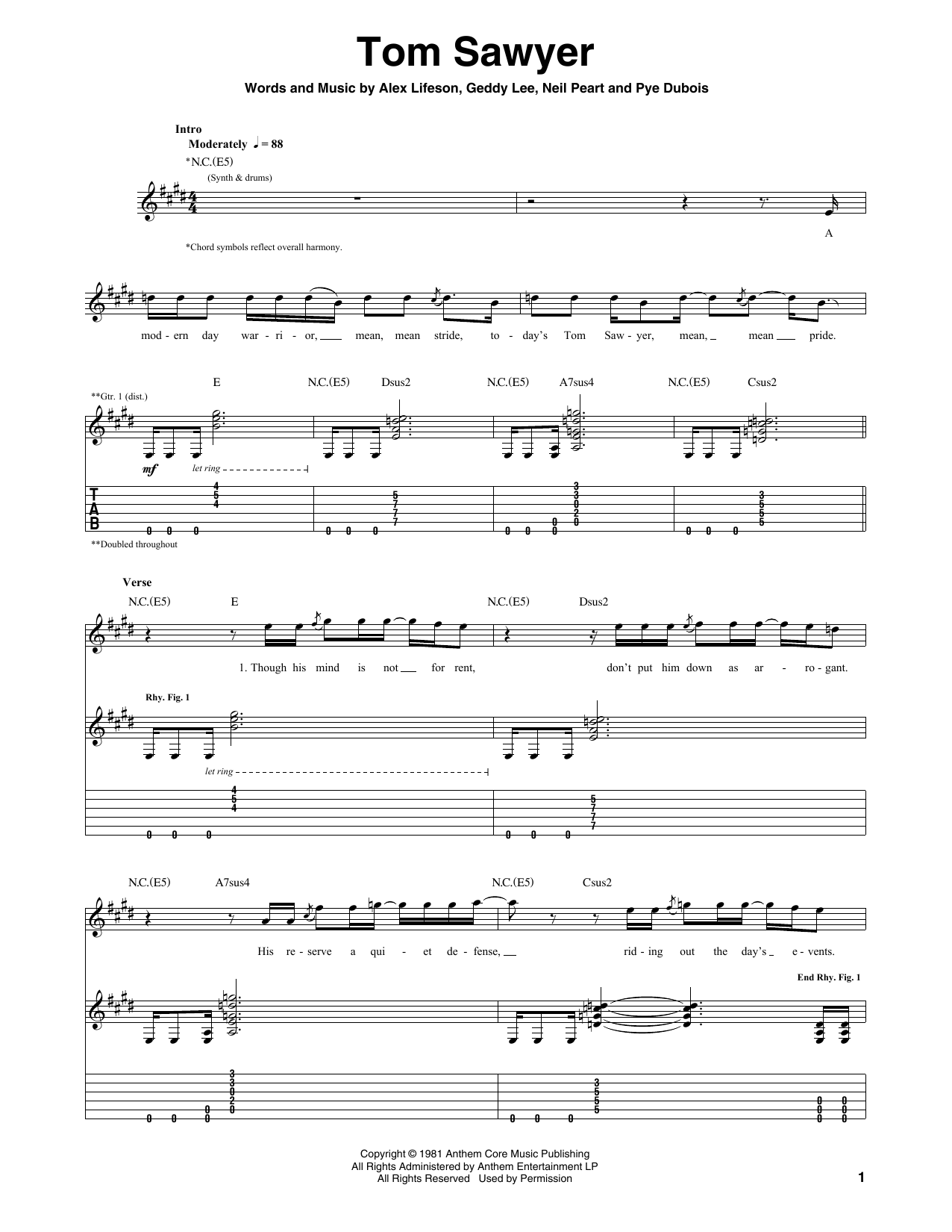 Download Rush Tom Sawyer Sheet Music and learn how to play Drums Transcription PDF digital score in minutes
