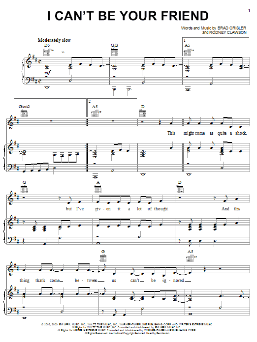Download Rushlow I Can't Be Your Friend Sheet Music and learn how to play Piano, Vocal & Guitar (Right-Hand Melody) PDF digital score in minutes