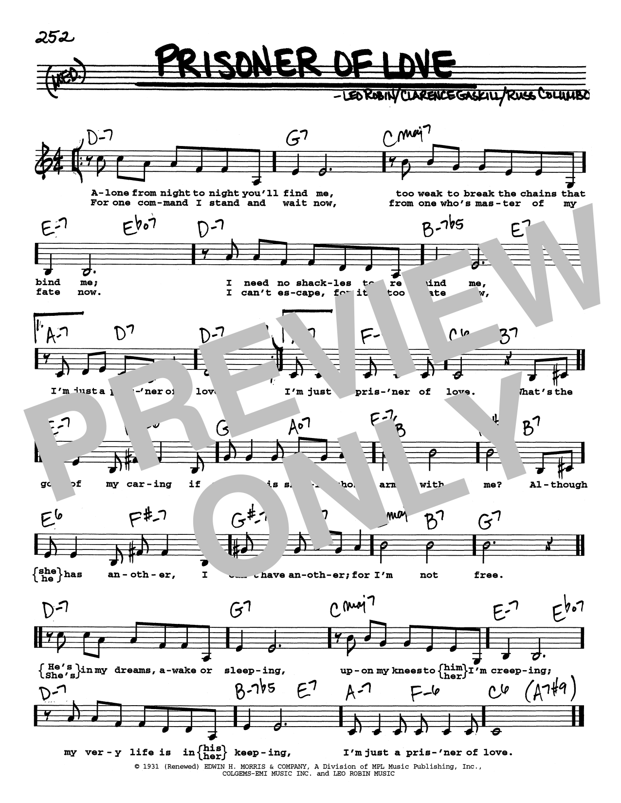 Download Russ Columbo Prisoner Of Love (Low Voice) Sheet Music and learn how to play Real Book – Melody, Lyrics & Chords PDF digital score in minutes