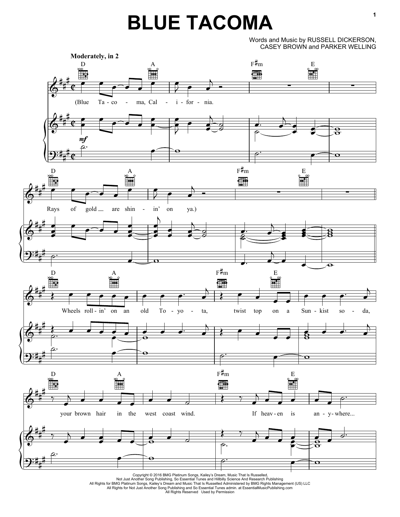 Download Russell Dickerson Blue Tacoma Sheet Music and learn how to play Piano, Vocal & Guitar Chords (Right-Hand Melody) PDF digital score in minutes