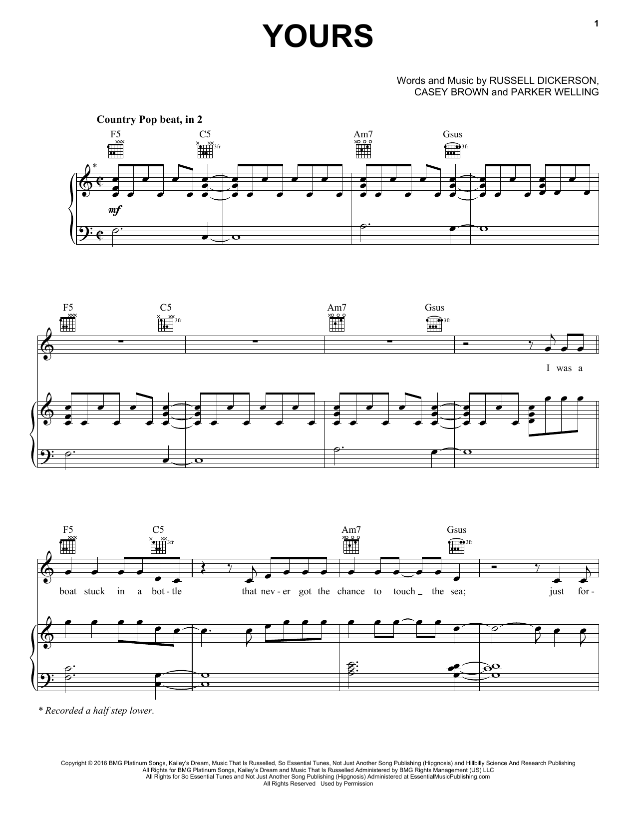 Download Russell Dickerson Yours Sheet Music and learn how to play Piano, Vocal & Guitar (Right-Hand Melody) PDF digital score in minutes