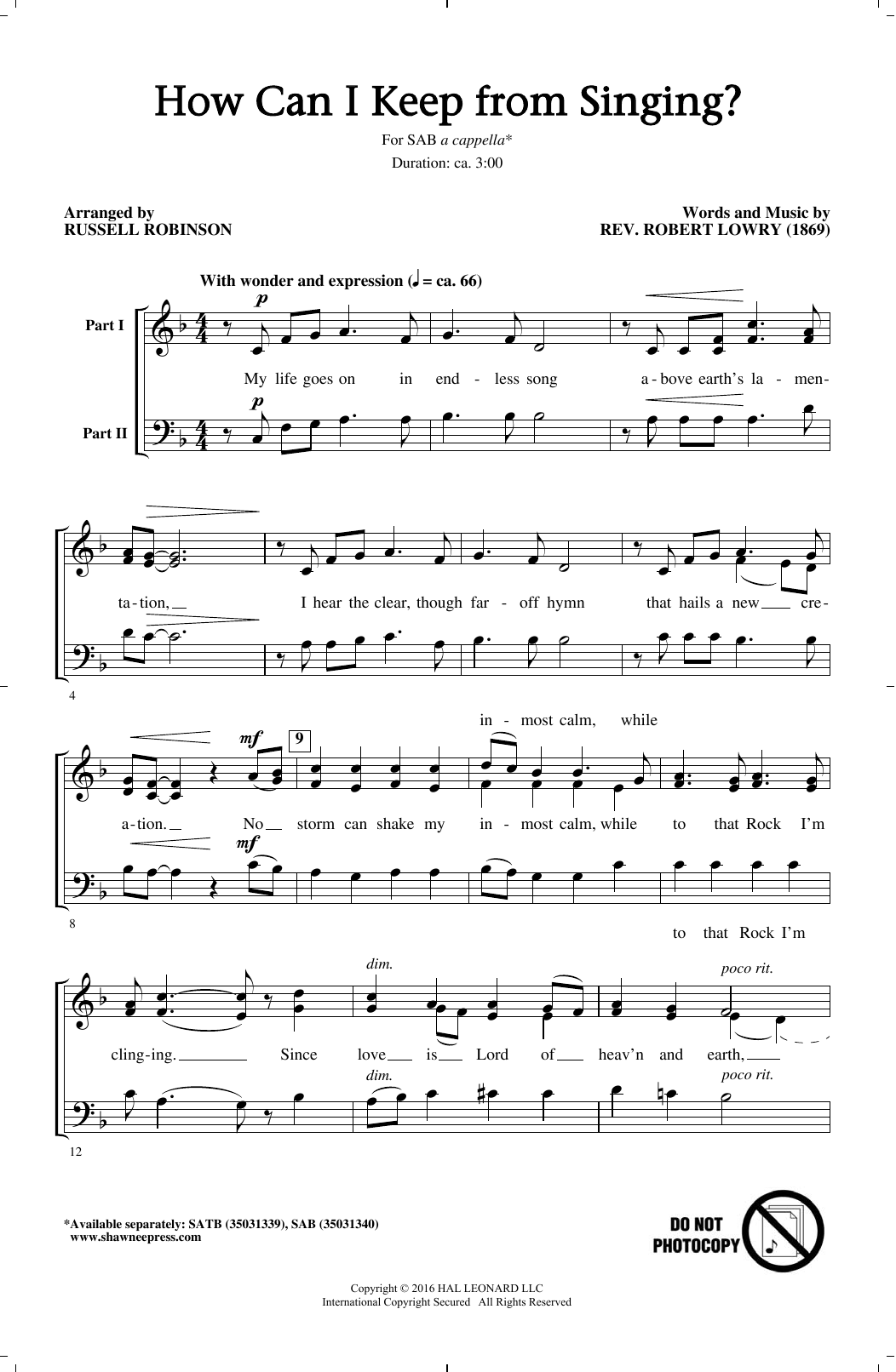 Download Russell Robinson How Can I Keep From Singing? Sheet Music and learn how to play SAB PDF digital score in minutes