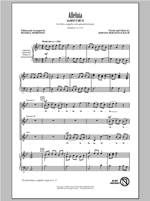 Download J.S. Bach Alleluia (from Motet VI, BWV 230) (arr. Russell Robinson) Sheet Music and learn how to play SSA PDF digital score in minutes